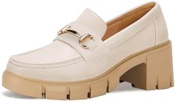 Coutgo Womens Chunky Platform Lug Sole Loafers Mid Heel Square Toe Dress Walking Work Shoes with Buckle Chain,Beige, Size 8