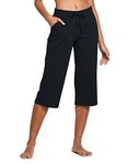 BALEAF Women's Capri Pants Casual Summer Cotton Yoga Wide Leg Lounge Athletic Jersey Walking Loose Workout Capris Pocketed Black Size L