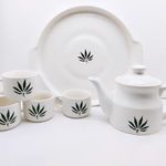 THE INDIAN HOME Hand Painted Kitchenware Ceramic Tea Kettle Set | Morning Tea Set | 1 Kettle(600ML) | 1 Tray | Tea Cup 4 Piece (180ML)| Mirowave Safe (Green Leaves)