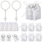 100 Pieces Baptism Favors Set Includes 25 Pieces Mini Rosary 25 Pieces Laser Cut Baptism Favor Boxes 25 Pieces White Organza Bags and 25 Pieces Thank You Tags for Baby Shower Party Wedding (Silver)