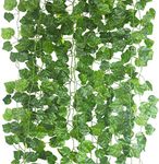 6 x Strands Total Length 42 Ft / 12 metre Fake Grape Vine UV Resistant Fake Plants Green Leaves Hanging Ivy Garland for Wedding Party Room Decor Office Garden Wall Decoration