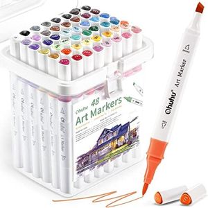 Ohuhu Feutres Alcool, 48 marqueurs de coloriage à pinceau et biseau à double pointe pour adultes débutants étudiants coloriage croquis illustrations