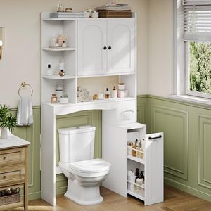 Einhomn Over The Toilet Storage Cabinet with Pulley, Space Saver Bathroom Organizer with Arched Doors & Open Shelves, Toilet Paper Holder Stand Toilet Rack for Bathroom, Restroom, Laundry, White