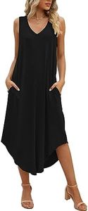 SUNDELL Women's Summer Dress Sleeveless Maxi Dresses Casual V Neck Loose Midi Dresses with Pockets (Black-L)