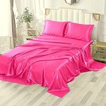 Sfoothome Silky Satin Sheets, 4-Pieces King Size Satin Bed Sheet Set with Deep Pockets, Cooling Satin Sheets King - Hot Pink