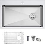 KINKIB 26 inch Drop-in Kitchen Sink Single Bowl, Topmount Kitchen Sink with Protective Bottom Grid, Overmount 304 Stainless Steel Kitchen Bar Sink Handmade with Basket Strainer, 26×18×9 inch