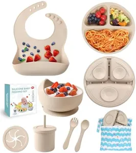 ECLIP Silicone Baby Feeding Set, 10 Pcs Baby Led Weaning Supplies with Suction Bowl Divided Plate Adjustable Bib Soft Spoon Fork Snack Cup with Lid Drinking Cup, Utensil (Beige)