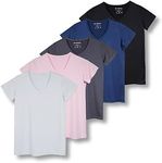 Real Essentials 5 Pack: Womens V Neck T-Shirt Ladies Yoga Top Athletic Active Wear Gym Workout Zumba Exercise Running Quick Dry Fit Dri Fit Clothes - Set 6,XXL