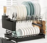 2-Tier Dish Drying Rack with 360° Rotating Drainer Board, Rustproof Dish Drainer with Cutlery Utensil Rack & Holders for Kitchen Storage & Organisation Home Storage & Organisation(Black)