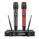 TONOR Wireless Microphones, Cordless Dual Handheld Dynamic Karaoke Singing Mic System with Receiver for Karaoke, Church, Outdoor Events, 2x5 UHF Adjustable Frequencies, 60m Coverage TW450 Grey&Red