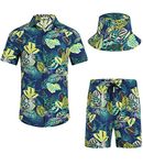 EISHOPEER Men's Hawaiian Short Sleeve Shirt Leaf Print Casual Beach Shirts with Bucket Hats Navy Blue Medium