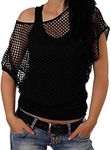 Smile Fish Women Casual Sexy 80s Costumes Fishnet Neon Off Shoulder T-Shirt (XL, Black)