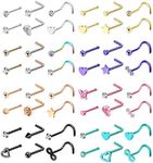 ZELORES 48Pcs 20G Nose Rings For Women Stainless Steel Nose Studs Set Mix Color Corkscrew L-Shaped Nose Piercing Pack