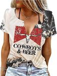 Cowboys & Beer Shirt for Women Country Music Tshirt Vintage Western Steer Skull Graphic Tees Cowboy Rodeo Blouse Top, As Show, XL