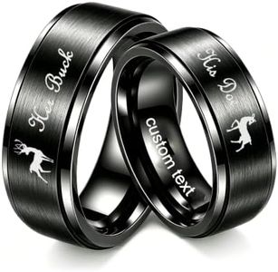 Customize Matching Couples Rings with Engraved Her Buck His Doe Elk Patterns Promise Personalized His and Hers for Anniversary Wedding Bands Couple Jewelry Titanium Steel 8mm 6mm Black