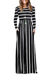 AUSELILY Women's Long Sleeve Maxi Dresses for Women UK with Pockets (Black White Stripes,S)