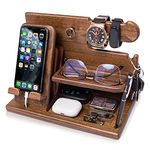 TESLYAR Gifts for Men Wood Phone Docking Station Fathers Gift Nightstand Desk Organizer Gifts for dad Gifts for him Birthday Anniversary Xmas Gifts Mens Gift Ideas Key Holder Wallet Stand (Beige)