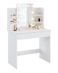 WOLTU Dressing Table with LED Lights, Vanity Table with Adjustable Brightness Mirror, Makeup Desk with 2 Drawers and Open shelves, Wooden Modern Bedroom Dresser, 90x40x135cm, White, MB6096ws