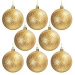 Belle Vous 8 Pack Gold Glitter Christmas Baubles - 7.8cm/3.07 Inches Baubles - Gold Glitter Finish Hanging Ball Ornaments with String for Christmas Tree Decorations and Xmas Party Decor