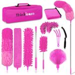 ThinkLearn Microfiber Dusters for Cleaning,14PCS Feather Dusters with Extension Pole,Bendable Washable and Extendable Duster for High Ceilings, Fans and Blinds House Cleaning Kit Pink Gift for Women