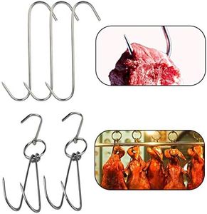 TinaWood 2pcs Stainless Steel Double Hooks + 3pcs S-Hooks for Bacon Hams Meat Processing Butcher Hook Hanging Drying BBQ Grill Cooking Smoker Hook Tool