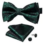 DiBanGu Dark Green Pretied Bow Tie Set for Men Novelty Solid Bow Ties Silk Woven Pocket Square Cufflinks Set Party