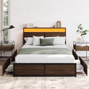 BELLEZE Full Size Bed Frame with Storage Headboard and 4 Drawers Under Bed, Sturdy Metal Platform Bed with Remote Control RGB LED Light and Ultra-Fast USB Type A/C Outlet, No Box Spring Needed-Brown