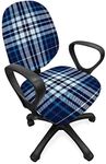 Ambesonne Navy Plaid Office Chair Slipcover, Abstract Lines Overlapped Geometric Motifs Illustration, Protective Stretch Decorative Fabric Cover, Standard Size, Sea Blue