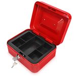 Navaris Lockable Cash Box - Metal Money Box Organiser with Lock for Cash, Coins, Notes, Cheques - Float Box with Removable Tray - Red