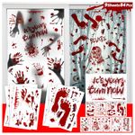 Larcenciel Halloween Window Stickers, 84Pcs Bloody Handprint Footprint Window Stickers Clings Decals, Halloween Horror Party Decor Scary Decorations for Floor Kitchen Door Wall Mirror Indoor, 9 Sheets