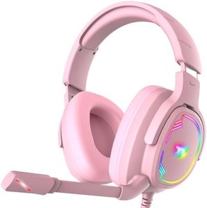 Jimonyer Gaming Headset for PC/PS4/PS5/Xbox One/Switch, Stereo Surround Sound Gaming Headphones with Noise Canceling Flexible Mic, Computer Headset with 3.5mm Jack & RGB Light (Pink)