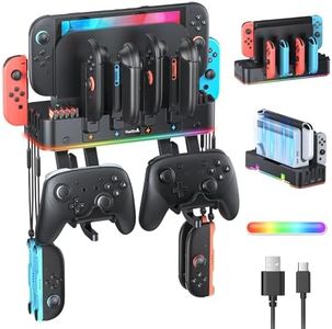 [Switch 2/1/OLED Compatible] RGB Switch 2 (2025) Wall Mount Kit for Joycon Charger, Switch2 Controller Organizer Accessories with 15 Light Modes, 2 USB Ports, 10 Card Slots, NS2 Store Stand Behind TV