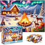 crowm Jigsaw Puzzles for Adults 1000 Pieces, Winter's Night Bonfire Families Puzzle, Challenging Aurora Puzzle Perfect for Game Nights Christmas Animal Snowy Foxes Deer Large Puzzles