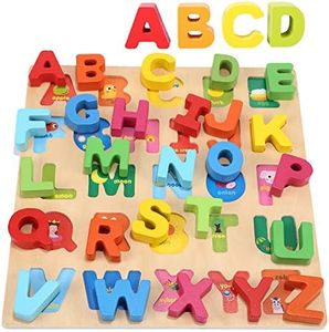 Jacootoys Wooden Alphabet Puzzle English ABC Capital Letters Large Colourful Letters Educational Toy Montessori Educational Game Board for Children Girls Boys from 3 Years