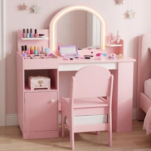 TODECARE 3 in 1 Kids Vanity with Chair and Lights, Bookshelf, Cabinet, Pink