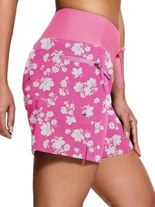 ISEEGZ Women's 5"/9" High Waisted Swim Board Shorts Quick Dry UPF 50+ Womens Swim Trunk Bottoms with Liner Zipper Pockets Pink Floral