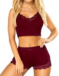 RSLOVE Women's Pyjama Sets Sexy Sleepwear Summer Pjs Set for Women Lace Cami Set with Short Pants Nightwear Wine Red