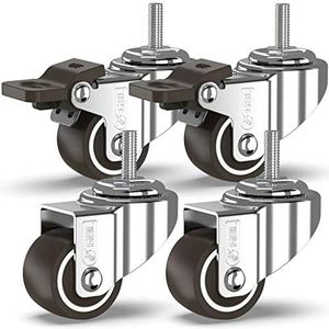 GBL 1" inch Small Caster Wheels with 2 Brakes + Screws M6x15mm - 90Lbs - Low Profile Castor Wheels with Brakes - Set of 4 No Floor Marks Silent Casters - Mini Wheels for Cart