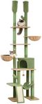 PAWZ Road Cactus Cat Tree Floor to Ceiling Tower with Adjustable Height(85-112 Inches), 7 Tiers Climbing Activity Center Cozy Hammocks, 5 Platforms and Scratching Posts, Green,Yellow,(AM01-AMT0221GN)