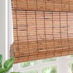 Comzone Blinds Cordless Blackout Bamboo Roman Shades, Natural Woven Wood Blinds with 6 Inches High Valance, Custom Great Privacy Lined Roll Up Bamboo Blinds for Indoor Windows, Doors, Ghost