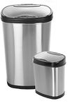 NINESTARS CB-DZT-50-13/12-13 Automatic Touchless Infrared Motion Sensor Trash Can Combo Set, 13 Gal 50L & 3 Gal 12L, Stainless Steel Base (Oval, Silver/Black Lid)