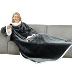 Winthome Double Warmer Wearable Blanket with Sleeves, Super Soft Sherpa Blanket for Adult Women Men (Grey)