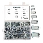 Generasis Metric Rivet Nut Kit - Zinc Plated, Flat Head, Knurled Body, Threaded Insert - 7 Sizes M3, M4, M5, M6, M8, M10, M12 (Metric Rivet Small Assortment Kit, 75 Pieces 7 Sizes)