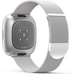 Higgs Strap Compatible with Fitbit Versa 3/4 Strap/Fitbit Sense/Sense 2 Strap for Women Men, Dual Magnetic Adjustable Replacement Strap for Versa 4/3/Sense 2/Sense,Silver Fashion Metal Strap