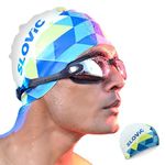 SLOVIC White-Blue Printed Swimming Caps for Men and Women with Long Hair | Waterproof Cap for Swimming Silicone | Free-Size for Great Fit | No Hair Pulling | Prevents Chemical Damage