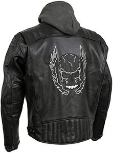 Xelement BXU573 Men's Black 'Alibi' Armored Leather Motorcycle Jacket with Skull Embroidery and Hoodie - Large