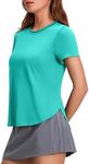 PINSPARK Running Tops for Women Crew Neck Workout Shirt Sun Protection Exercise Shirts Quick Dry UPF 50+ Yoga Gym Tee Shirts, Turquoise Small