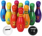 TOWO Wooden Skittles for Children - Wooden Skittle Set with Facial Emotions and Numbers - 10 Pin Bowling Set for Kids Indoor and Garden toys - Wooden Toys for 2 years old Toddler