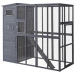 PawHut Large Catio Outdoor Cat Enclosure Weatherproof Cat House with Cat Condo, Indoor Wooden Cat Cage Pet Kennel, 77" L x 38" W x 69" H, Grey