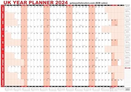 2024 UK unmounted year view wall office A1 large planner calendar red colour